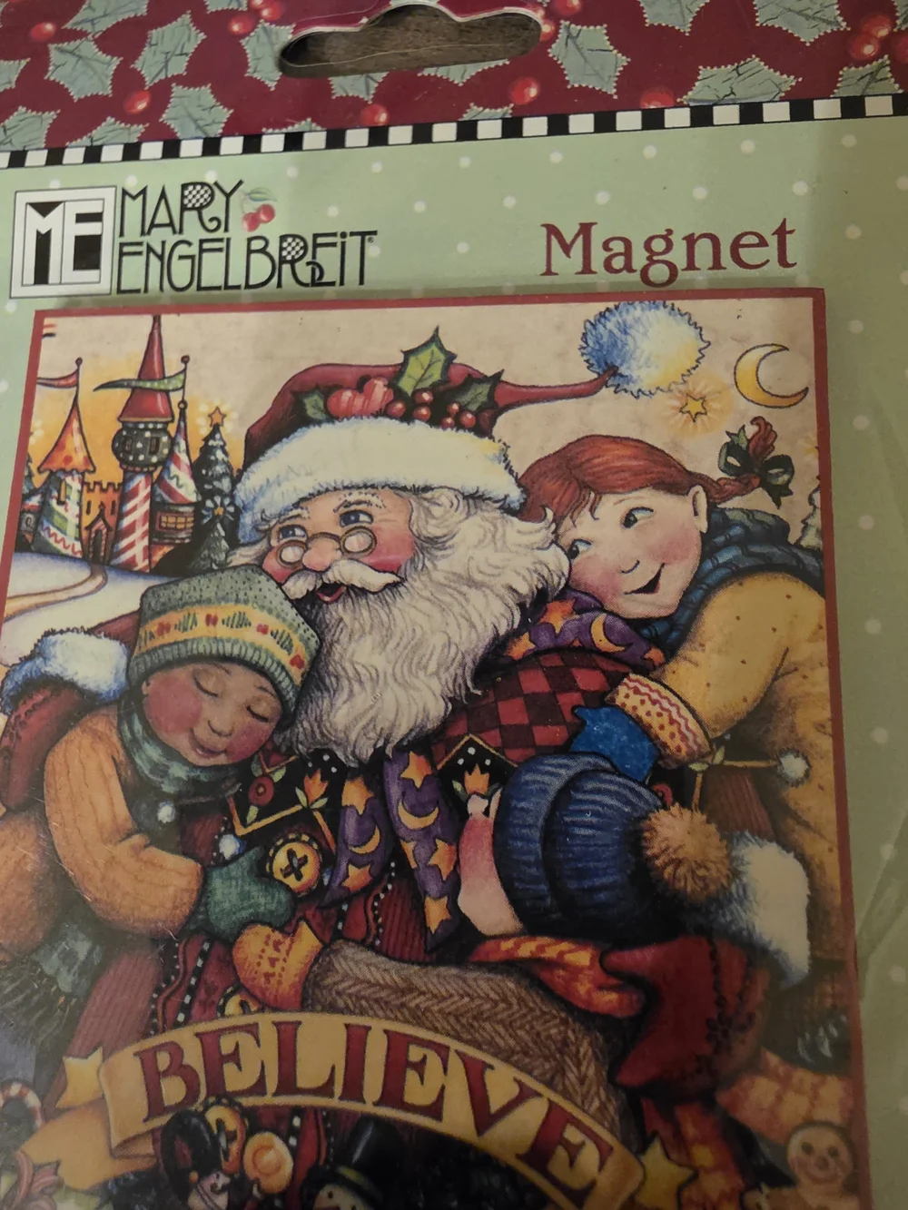 3 Piece Lot Mary Engelbreit 'Believe' Holiday Magnet-Mini Clip Board-Photo Book